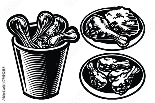 Detailed Black and White Illustrations: Chicken Bucket, Drumstick, Plate