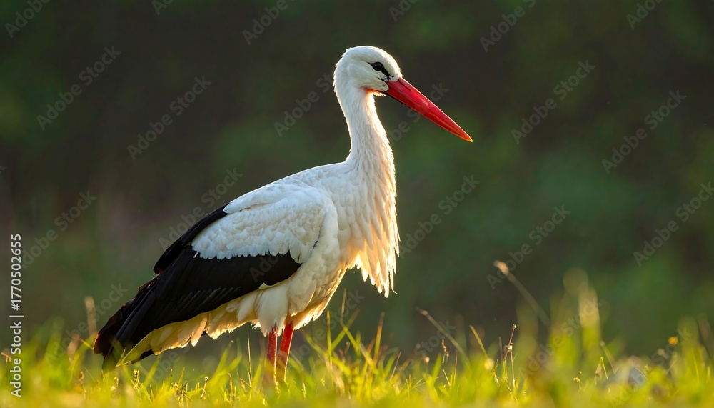 Fototapeta premium White Stork with Red Beak and Legs in Golden Hour Light on Green Grass