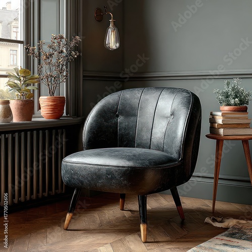 A cozy, stylish room features an armchair, plants, window, and a vintage-style light fixture