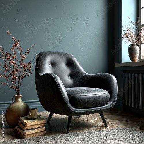 A leather armchair sits near a window with plants, books, and a golden vase in a stylish room