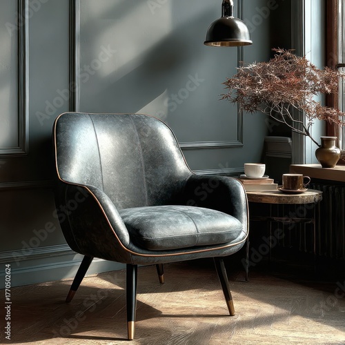 A plush armchair sits in a room with dark walls, side table with decor, and natural light