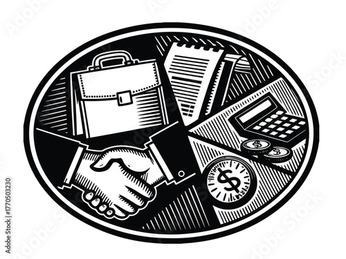 Business and Office Icon Emblem in Vintage Engraving Style Vector