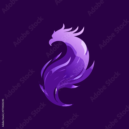 Abstract purple phoenix bird illustration with gradient flames. Modern mythical creature vector emblem symbolizing power, rebirth, and strength.
