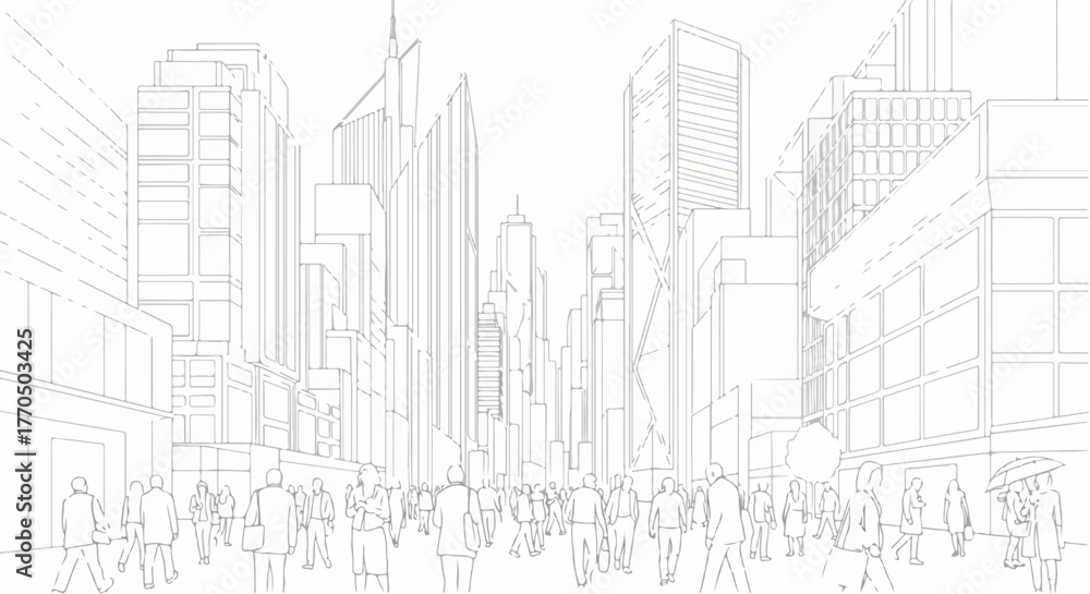 Fototapeta premium Crowded city skyline with people silhouette urban line art illustration.