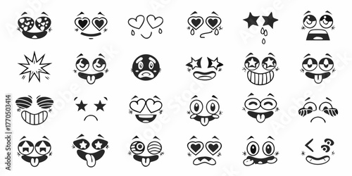 Collection of diverse cartoon faces expressing various emotions and reactions in black and white style