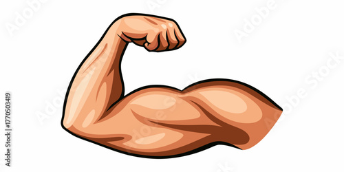 Cartoon illustration of a muscular flexed arm showing biceps and triceps muscles with a clenched fist