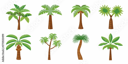 Collection of eight diverse cartoon palm trees with green leaves and brown trunks on a white background