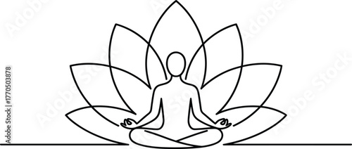 Black line art of person meditating in lotus pose with lotus flower
