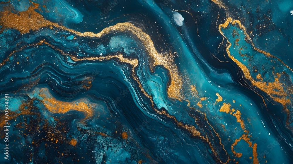 Fototapeta premium Captivating abstract background with fluid dynamic waves and swirls in a mesmerizing blend of vivid teal gold and copper tones This elegant modern design features a premium