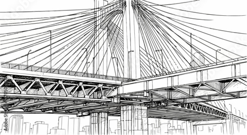 Cable bridge architecture structure perspective vector line art illustration.