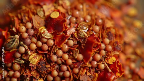 Spices closeup Red pepper flakes and seeds.