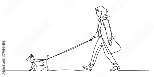 Elegant continuous line drawing of a person walking a dog outdoors vector