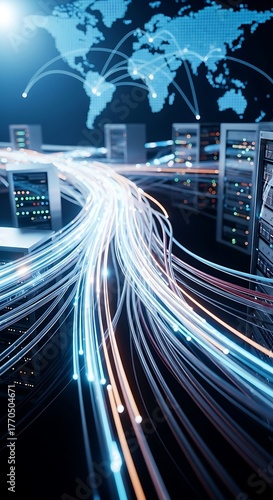 A digital visualization of a global network with servers and flowing data lines connecting to a world map