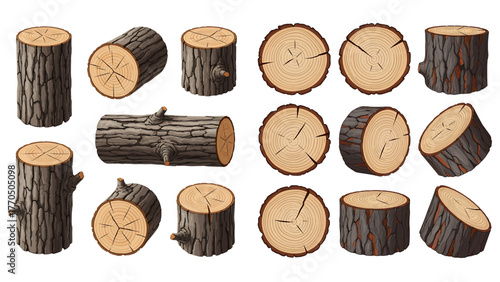 A collection of illustrated wooden logs, tree stumps, and round slices from different angles, showing bark and annual rings.