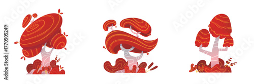 Fantasy Red Swirl Trees Set — Magical Cartoon Forest Illustration