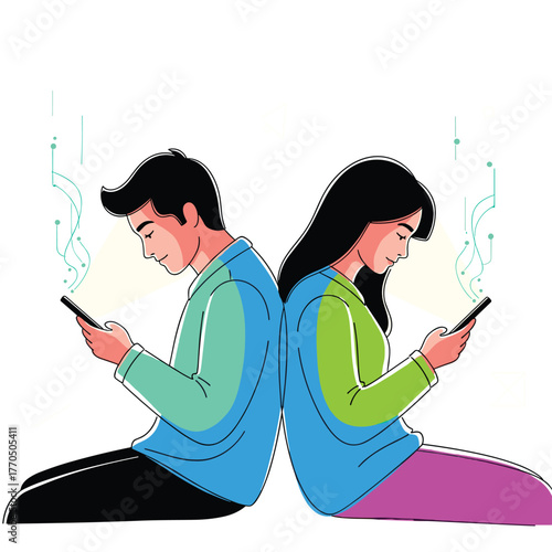 Man and woman absorbed in their phones, sitting back-to-back, representing digital immersion and physical disconnect.