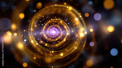 Defocused sacred symmetry made of glowing orbs and concentric energy waves, ethereal spiritual light atmosphere, with copy space.