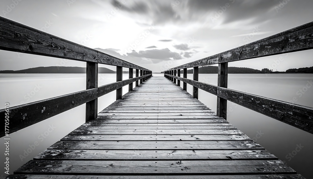Fototapeta premium Black and white photo of a wooden pier extending into a calm body of water, under a cloud-filled sky. The structure is symmetrical