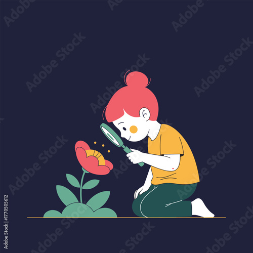 A child with a magnifying glass observes a blossoming red flower, fostering a sense of curiosity and discovery.