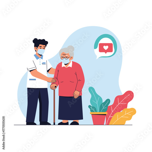 A kind caregiver assists an elderly woman with a walking stick, both wearing masks, symbolizing compassionate elderly care and support during health concerns.