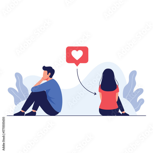A man and a woman sitting apart with a heart icon indicating unrequited love or a communication breakdown.