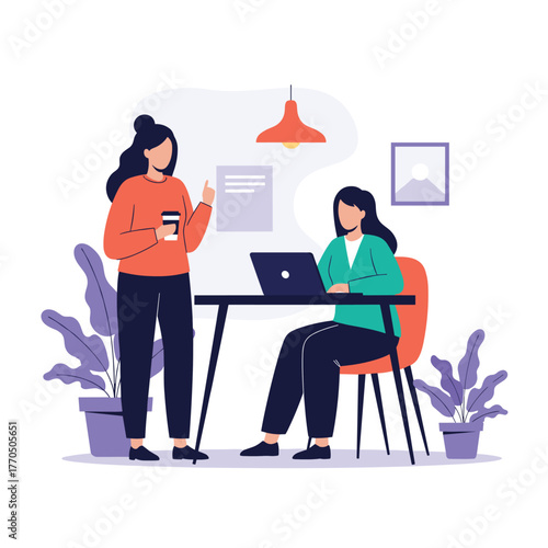 Two women collaborating in a modern office space, discussing work while one uses a laptop, surrounded by contemporary decor and plants.