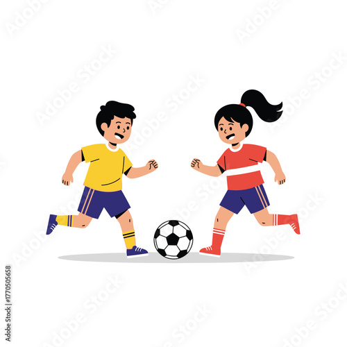 Two happy children, a boy and a girl, enthusiastically play soccer together on a field, enjoying their active game.