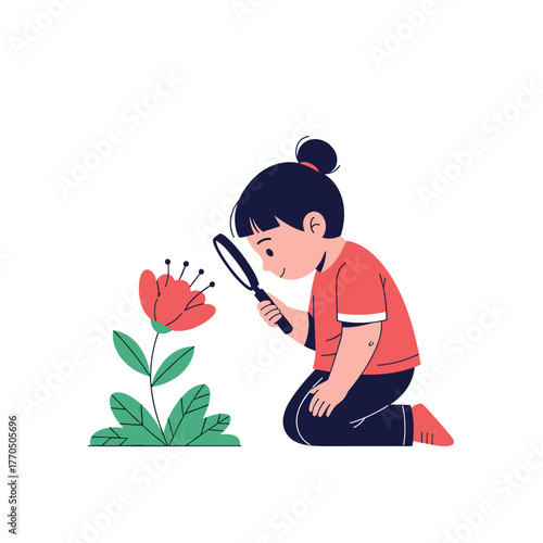 A curious young girl explores nature, examining a vibrant red flower with a magnifying glass, fostering a love for science and discovery.
