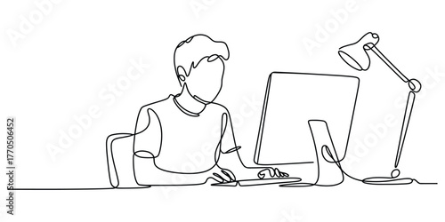 Minimalist continuous line drawing of a person working at a computer vector