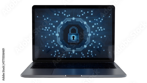 Advanced cybersecurity protection on a sleek laptop, securing digital assets, embodying cutting-edge technology for ultimate data safety and peace of mind