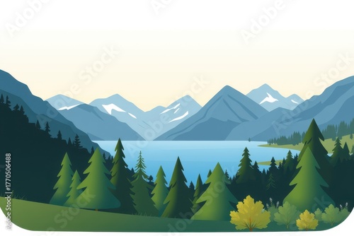 a simple flat 2d icon of a peaceful lake surrounded by trees and mountains under sunrise light, no shadow