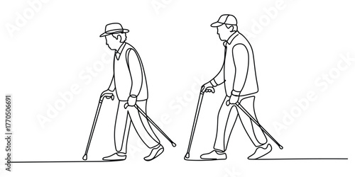 Continuous line drawing of an elderly person walking with a cane vector