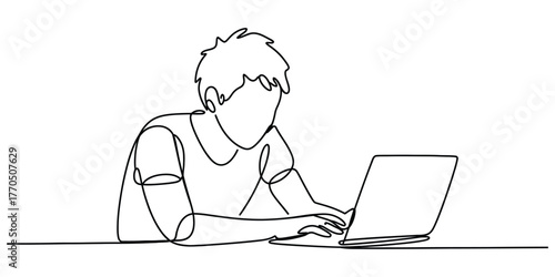 Single line drawing of a person working on a laptop computer vector