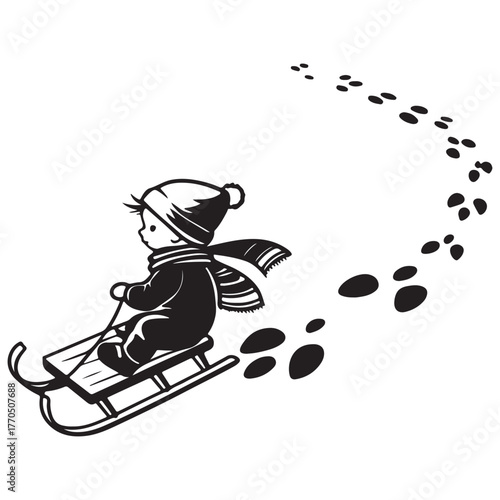 A child wearing winter clothes rides a sled, leaving footprints in the snow, isolated on white background