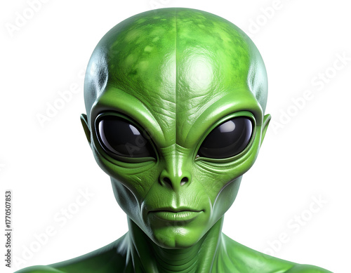 Stylized green alien head sculpture with defined contours, futuristic expression, and subtle reflections. Transparent cutout for versatile design use.