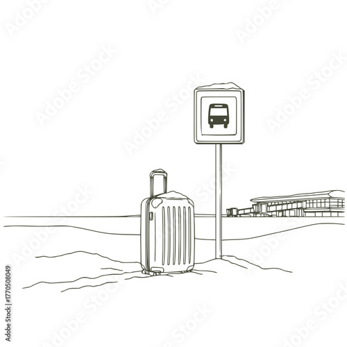 Vector of Packed suitcase on snow and shuttle stop at the airport: Luggage waiting at bus stop with transport sign in urban setting  
