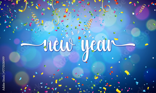 2026 Happy New Year Illustration with Gold Glitter Number and Colorful Bokeh Lights on Vibrant Particle Background. Vector Christmas Holiday Season Design with Typography Lettering for Greeting Card