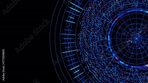 Big Data complex round graph animation. Top view on quantum computing universe. Cyber space of AI technology. Futuristic graph. Digital information presentation.