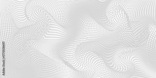 Flowing dots particles wave pattern halftone gradient curve shape isolated on white background