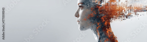 Abstract representation of artificial intelligence influence society, showcasing human figure merging with digital elements, symbolizing