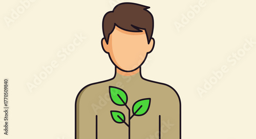 Conceptual Illustration of a Person with a Plant Growing from Their Chest Symbolizing Growth, Health, and Environmental Awareness. Ideal for health, wellness, and environment related topics.