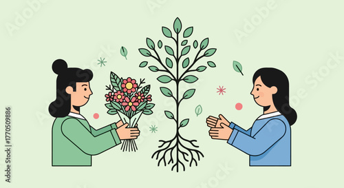 Vector illustration of two women exchanging gifts with a tree in the middle, symbolizing growth and connection, suitable for eco-friendly initiatives and community projects