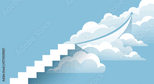 Ascending Stairway to Success Through Clouds, Representing Career Growth and Achieving Goals in Business and Personal Development