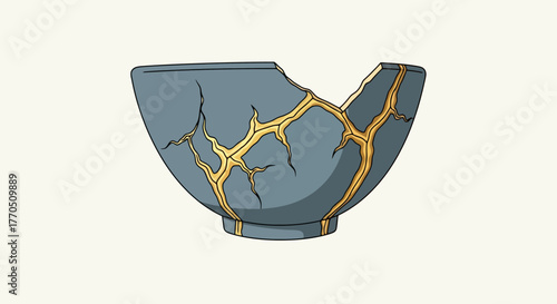 Kintsugi Art: Illustrative Representation of a Broken Ceramic Bowl Repaired with Gold for Demonstrating Resilience, Restoration, and the Beauty of Imperfection