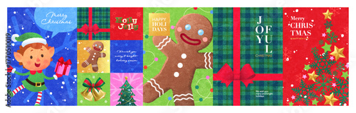Merry Christmas and Happy New Year illustration set. Cute vector cartoon of gingerbread man, Christmas tree, elf, Christmas present for greeting card, postcard, poster, or background
