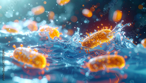 Microbial World: An artistic rendering of microorganisms in a watery environment, the image offers a captivating glimpse into the unseen world of bacteria.