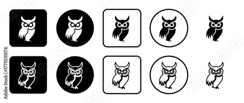Icon set of owl symbol. Filled, outline, black and white icons set, flat style.  Illustration on transparent background