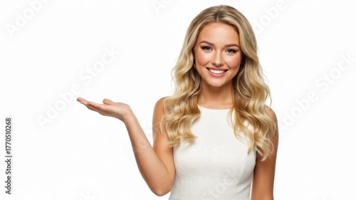 Abstract marketing concept of beautiful smiling blonde woman presenting an open copyspace area for branding, text, logo or business idea, white background studio landscape