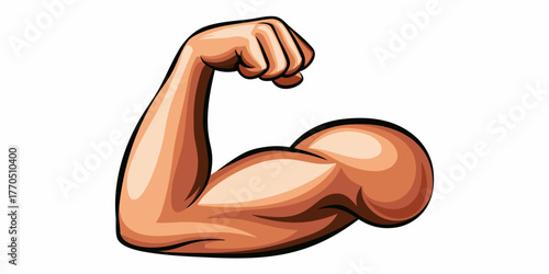 Cartoon illustration of a flexed bicep muscle with a clenched fist against a white background