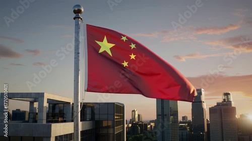 Abstract concept flag of China on a pole waving in the air high in the middle of a city landscape background with highrise towers and a sunsetting skyscape